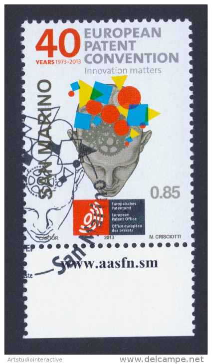 2013 SAN MARINO "40° ANNIVERSARIO FIRMA CONVENZIONE CONCESSIONE BREVETTI EUROPEI (CBE)" SINGOLO ANNULLO GIORNO EMISSIONE - Used Stamps