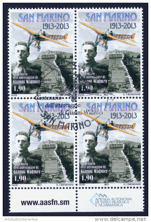 2013 SAN MARINO "CENTENARIO ATTERRAGGIO GIANNI WIDMER" QUARTINA ANNULLO GIORNO EMISSIONE - Used Stamps