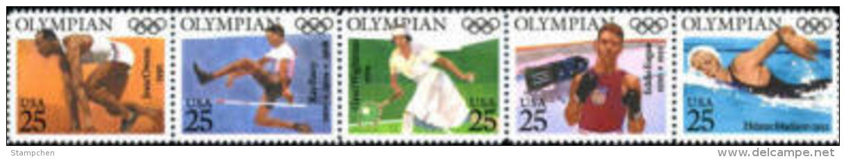 1990 USA Olympians Stamps Sc#2496-2500 2500a Gold Medal Track Field Jumping Tennis Boxing Swimming - Jumping