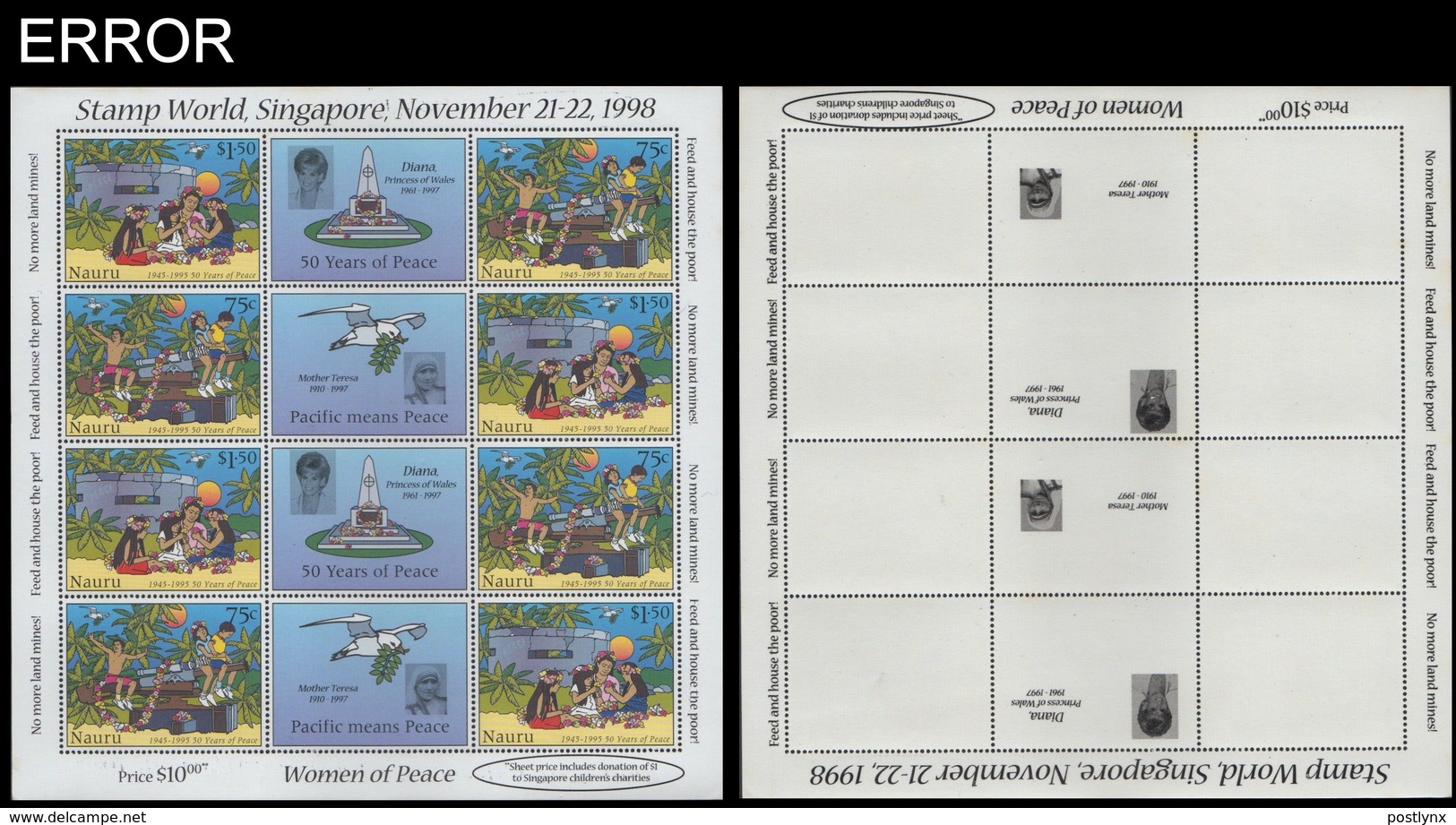 NAURU 1998 Disney 1995 WWII Ovpt Diana Teresa/Singapore Nov.98/sheet:12 Stamps ERROR:back Ovpt.inv. - Madre Teresa