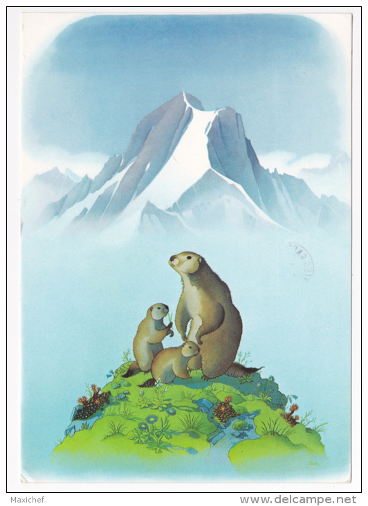 Carte Illustrée Samivel 11.8 X 16.8 - 1105 - Affiche Du Parc National De La Vanoise, Marmottes - Circulé 1985 - Samivel