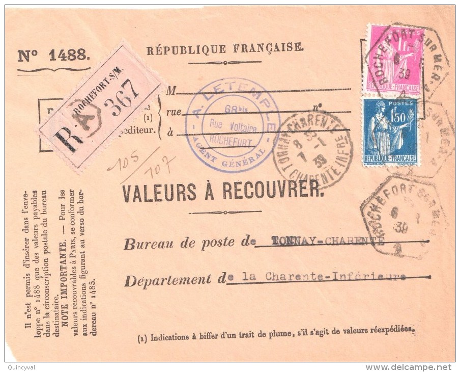 2990 ROCHEFORT Sur MER - A Valeur Recouvrer 1488 Paix Yv 369 1 F Rose 288 1,50 F Bleu Tarif 17/11/38 Auxilaire Urbaine L - Cartas & Documentos