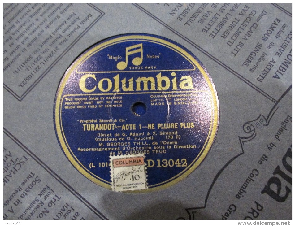 78 Tours Turandot - G Thill  - Columbia D 13042 - 78 Rpm - Gramophone Records