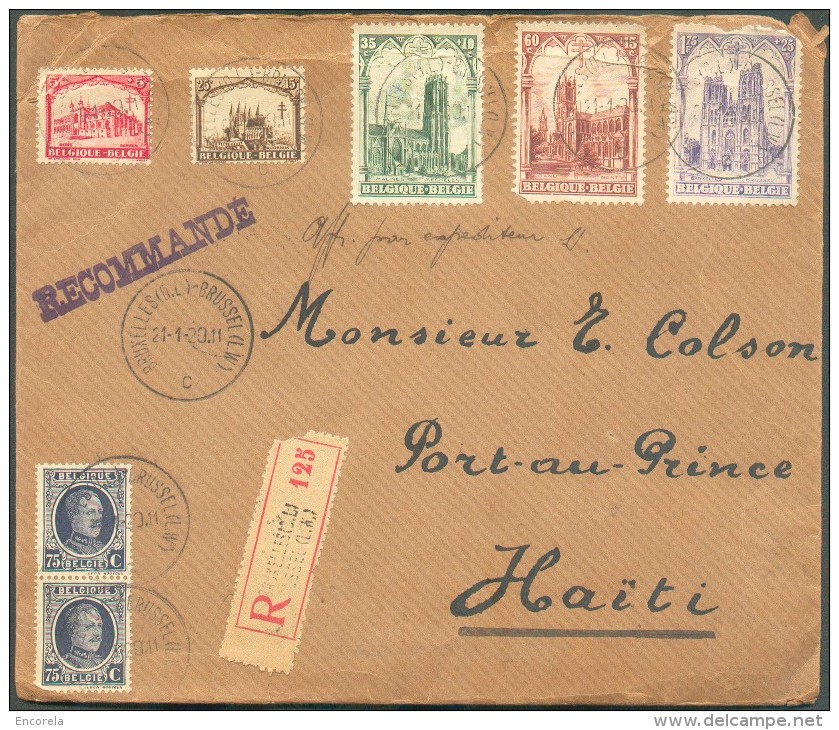 N°204(2)-267/271 Obl. Sc BRUXELLES (Q.-L.) S/L. Recommandée Du 21-1-1929 Vers Port-au-Prince (HAÏTI), Via New-York. Qqs - Sonstige & Ohne Zuordnung