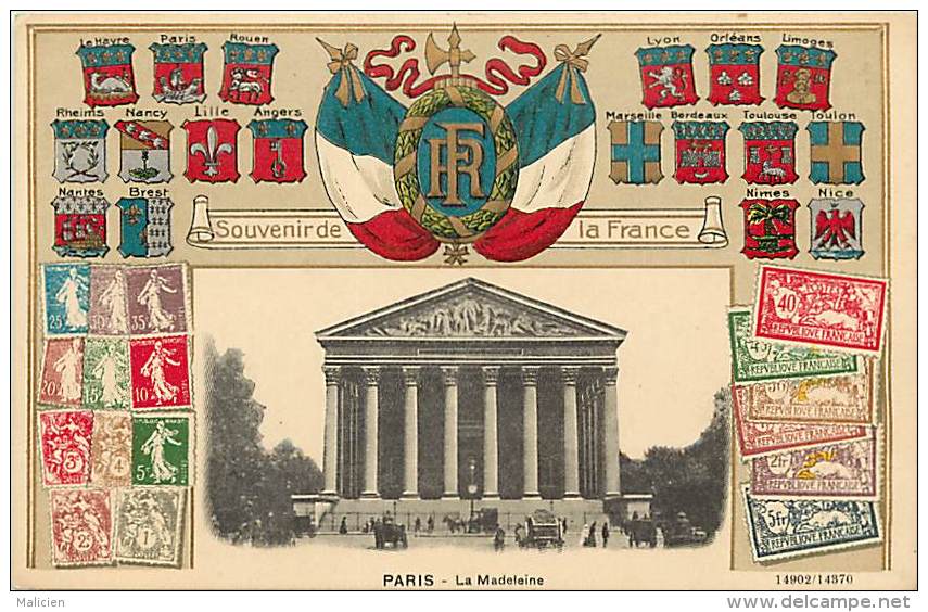 Paris  -ref-B192  - Carte Gaufree Avec Medaillon En Relief Drapeaux R F - Blasons - Billets - Timbres - Carte Bon Etat - - Timbres (représentations)