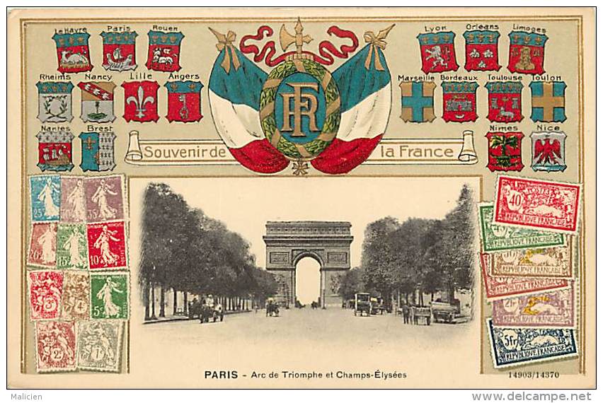 Paris  -ref-B190  - Carte Gaufree Avec Medaillon En Relief Drapeaux R F - Blasons - Billets - Timbres - Carte Bon Etat - - Timbres (représentations)