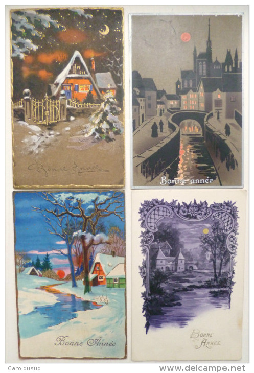 CPA Lot 4x Chromo LITHO Illustrateur ART VILLAGE MAISON FENETRE LUMIERE LUNE LUMINEUSE - Colecciones Y Lotes