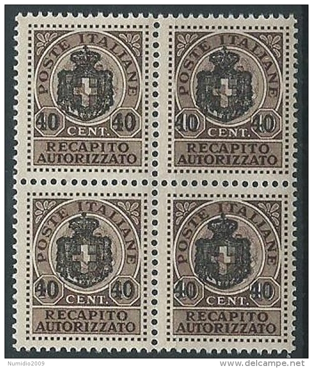 1945 LUOGOTENENZA RECAPITO AUTORIZZATO 40 SU 10 CENT QUARTINA MNH ** - ED1051-2 - Service Privé Autorisé