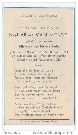 Doodsprentje Jozef Albert VAN MENSEL Zoontje Van Alfons En Martha Budts Berlaar 1953 -1953  (kind) - Andachtsbilder