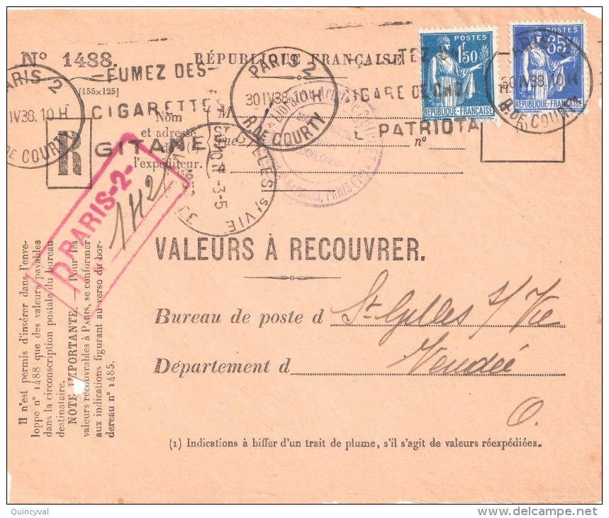 2988 PARIS 2  Valeur Recouvrer Paix 65 C Bleu Yv 365 1,50 F Bleu Yv 288 Tarif 12/7/37 Recommandé Ob Meca  GITANE - Lettres & Documents