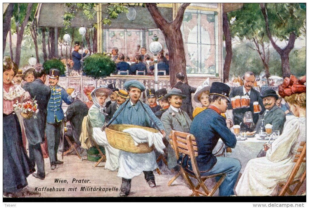 AUSTRIA WIEN PRATER 1919 OLD GRAPHIC POSTCARD KAFFEHAUS MIT MILITARKAPELLE - Prater