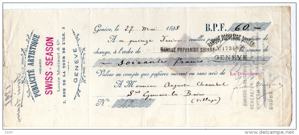 Suisse - 1894 Lettre De Change Timbre Fiscal Quittances 5c Entete "Publicité Artistique SWISS SEASON" Genève SUISSE - Switzerland