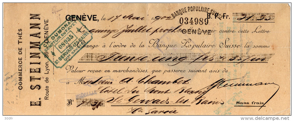 Suisse - 1902 Lettre De Change Timbre Fiscal Quittances 5c Entete "Commerce De Thés STEINMANN" Genève - Switzerland
