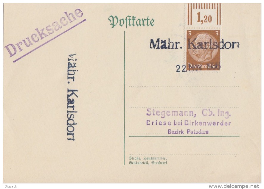 DR Karte EF Minr.513 Notstempel Mähr. Karlsdorf 22.11.38 - Besetzungen 1938-45