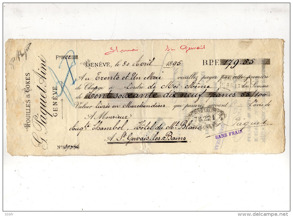 Suisse - 1895 Lettre De Change Timbre Fiscal Quittances 10c Entete "Houilles & Cokes G Pâquet Aîne" Genève - Switzerland