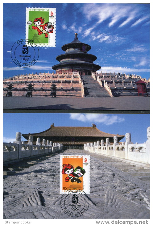 2008 Vaduz Beijing Olympics Temples Cartoons Maxicards (2) - Maximum Cards