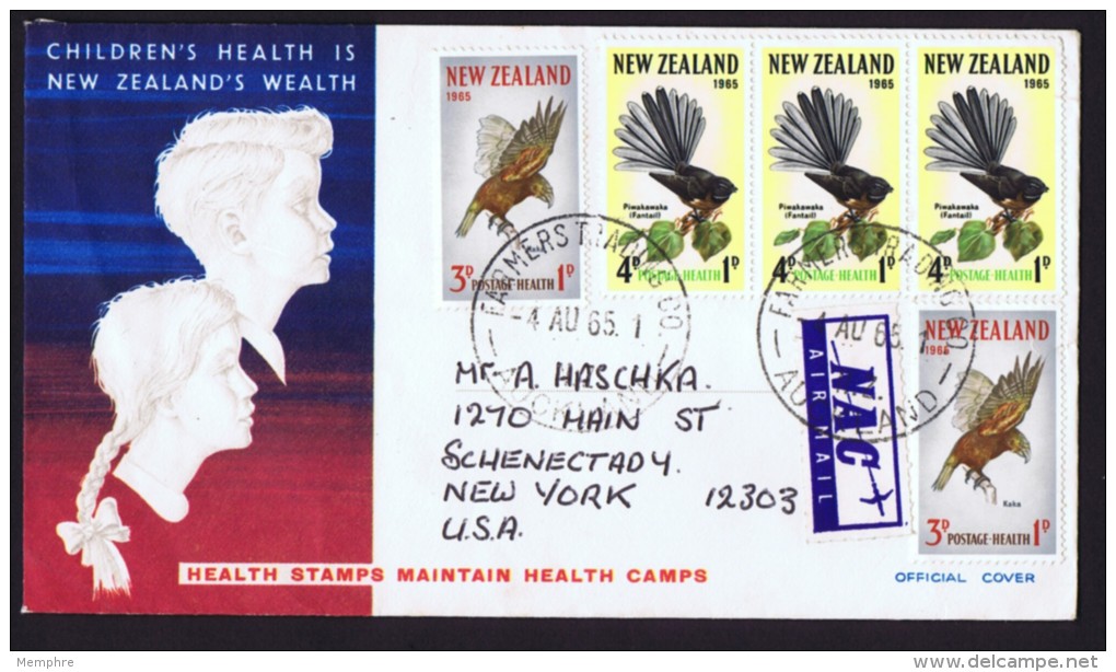 1965  Health Stamps - Birds 3d X2, 4d X3  On Air Mail FDC To The USA - FDC