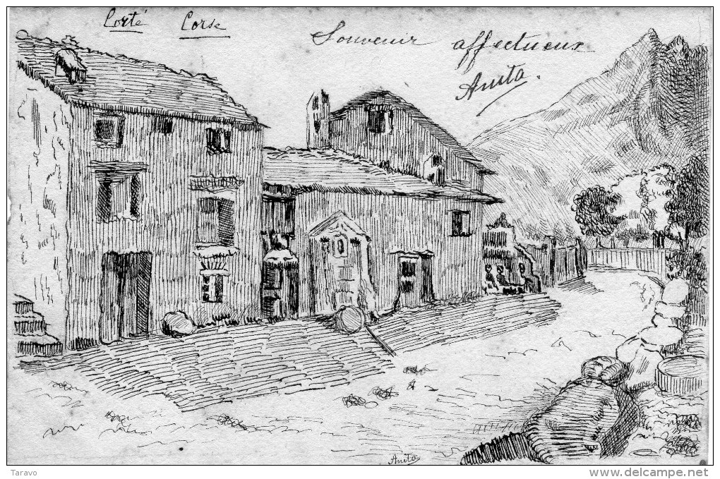 CORSE - CORTE -  Carte Dessin Original Situé (Maisons De La Vallée De La Restonica ?) - Corte