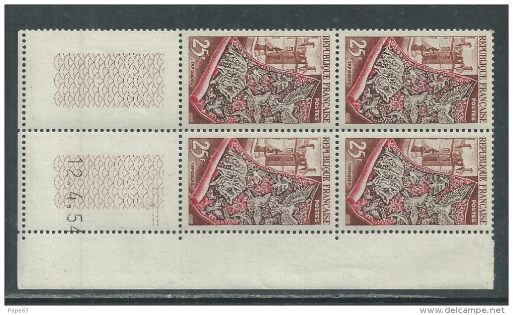 France N° 970 XX  Production De Luxe : Tapisserie   En Bloc De 4 Coin Daté  Du 12 . 4 . 54 ; 2 Traits Sans Charnière, TB - 1950-1959