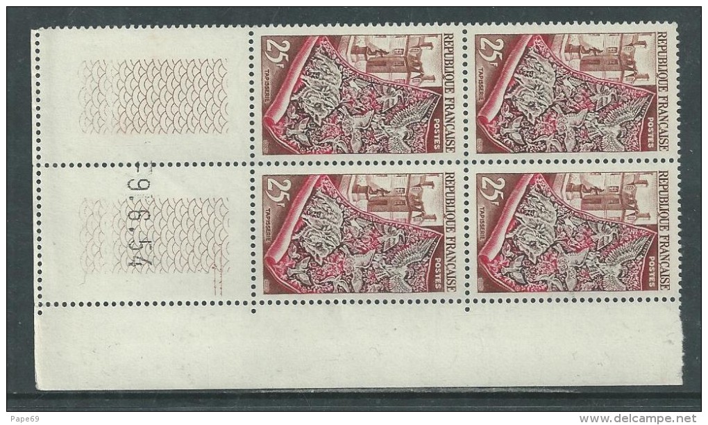 France N° 970 XX  Production De Luxe : Tapisserie   En Bloc De 4 Coin Daté  Du 9 . 6 . 54 . 2 Traits, Sans Charnière, TB - 1950-1959