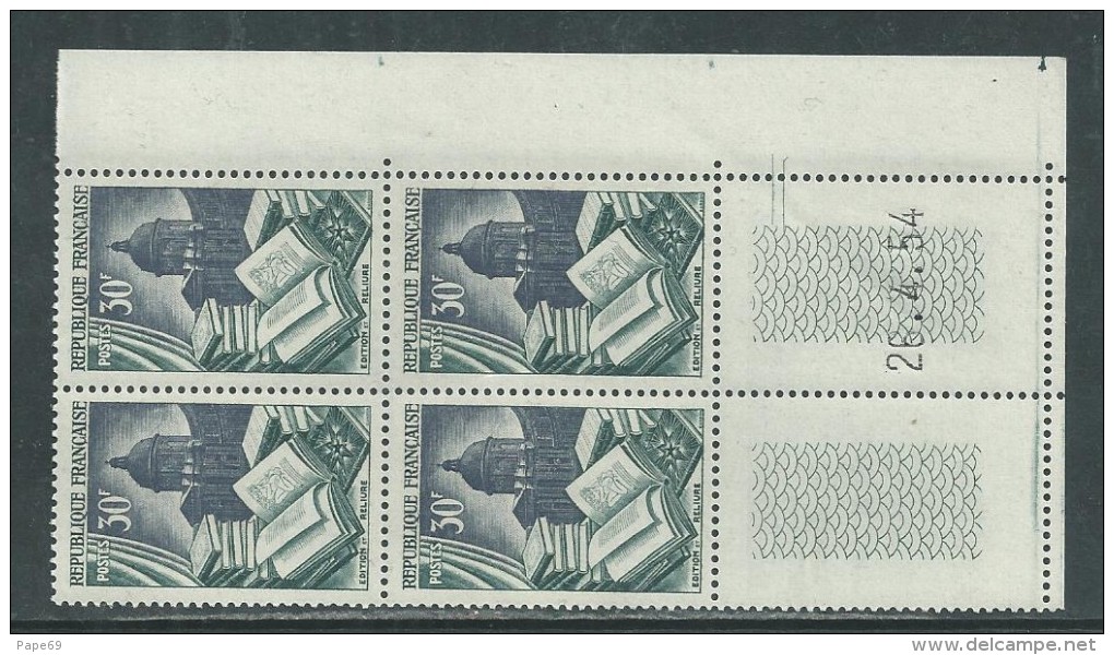 France N° 971 XX  Production De Luxe : Edition   En Bloc De 4 Coin Daté  Du 26 . 4 . 54 ; 2 Traits,  Sans Charnière, TB - 1950-1959