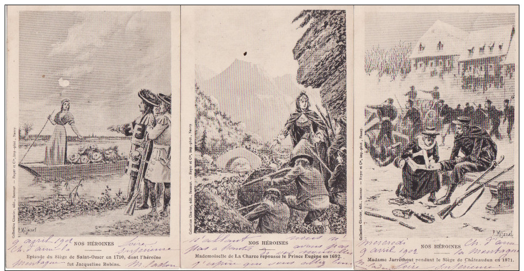 MILITARIA PATRIOTIQUE  - Serie  De 3 Cartes Illustrées  " NOS HEROINES " -(J.Robins ,Mlle De La Charce ,Mme Jarrethout ) - Patriotiques