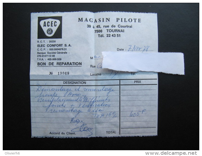 BON DE RéPARATION (M1414) ACEC (2 Vues) Magasin Pilote RUe De Courtrai à Tournai - 1950 - ...