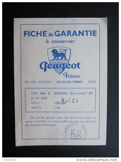 FICHE DE GARANTIE (M1414) PEUGEOT Frères (2 Vues) Batteur "Ecureuil" 60 - 1950 - ...
