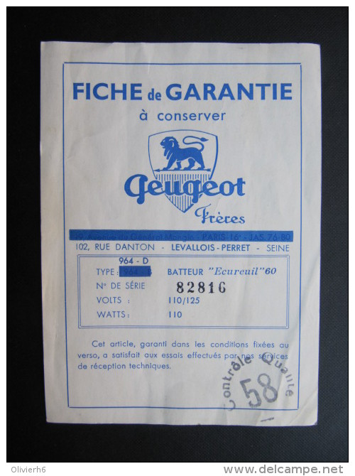 FICHE DE GARANTIE (M1414) PEUGEOT Frères - Rue Danton LEVALLOIS PERRET (2 Vues) Batteur "Ecureuil" 60 - 1950 - ...