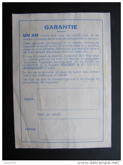 FICHE DE GARANTIE (M1414) PEUGEOT Frères - Rue Danton LEVALLOIS PERRET (2 Vues) Batteur "Ecureuil" 60 - 1950 - ...