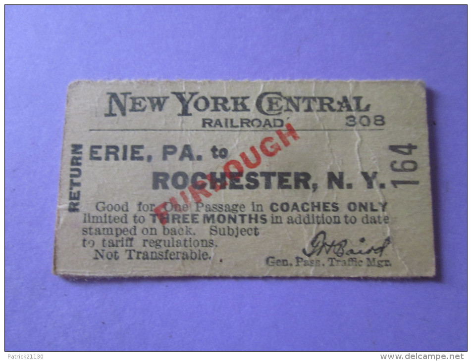 USA WW2 NEW YORK CENTRAL RAILROAD 1944 / CHEMIN DE FER/TICKET DE TRAIN - Monde