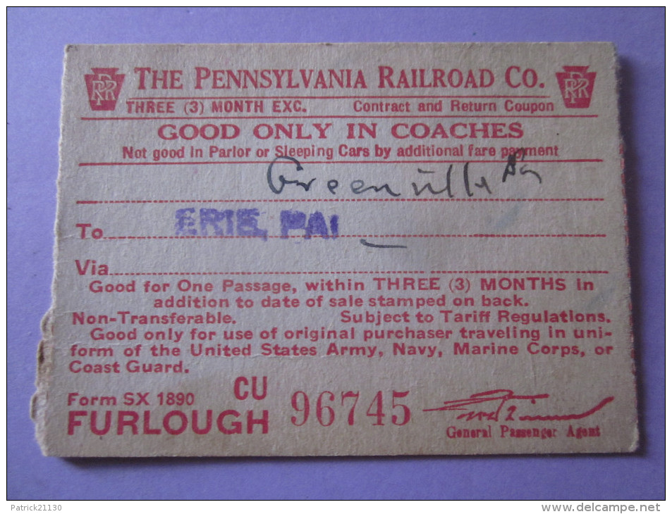 USA WW2 PENNSYLVANIA RAILROAD 1944 / CHEMIN DE FER/ TICKET DE TRAIN - Monde