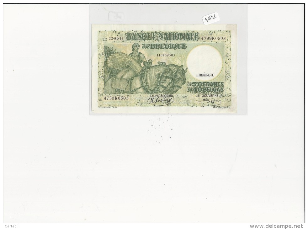 Billets -  B1546 - Belgique  - 50 Francs ( 10 Belgas) 1942 ( Type, Nature, Valeur, état... Voir 2 Scans) - 50 Francs