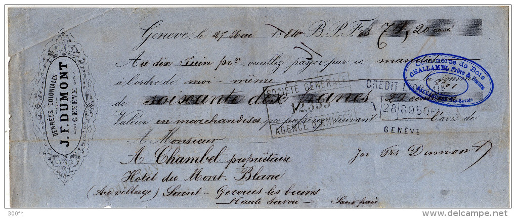 Suisse - 1884 Lettre De Change Timbre Fiscal Quittances 5c Entete "DENREES COLONIALES J F DUMONT" Genève - Suisse
