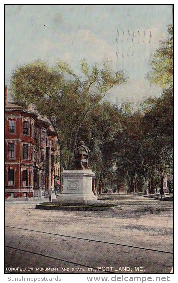 Longfellow Monument And State Street Portland Maine 1911 - Portland