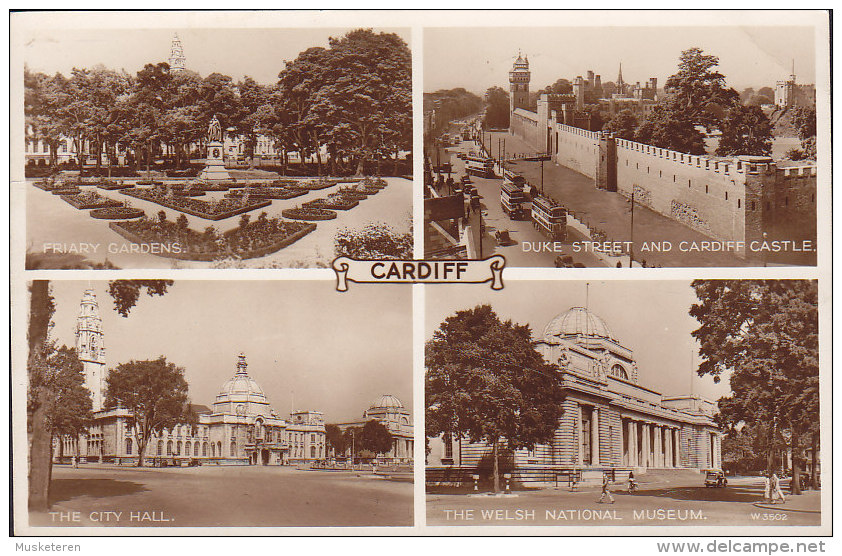 United Kingdom PPC Friary Gardens City Hall Welsh Museum Duke Street Cardiff Castle CARDIFF 1953 Real Photo (2 Scans) - Cardiganshire