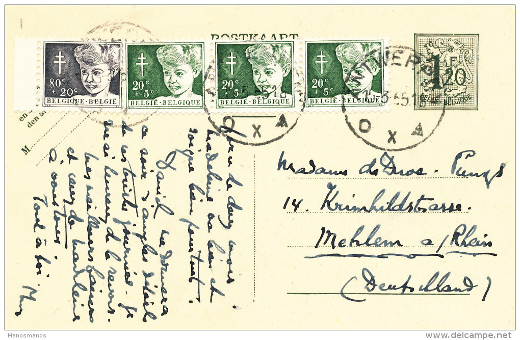 989/22 - Entier Postal Lion Héraldique + TP Antituberculeux ANTWERPEN 1955 Vers Allemagne - Cartes Postales 1951-..