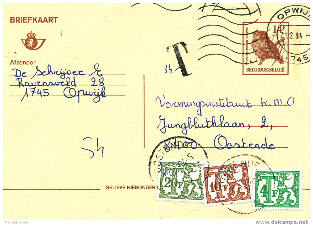 993/22 - RARE Entier Postal Oiseau Buzin OPWIJK - Taxé 34 Francs Par Tricolore Timbres-Taxe OOSTENDE 1994 - Tarjetas 1951-..