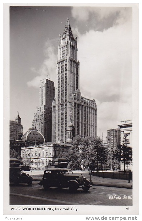 United States PPC New York Woolworth Building Old Cars TIMES Sq. Station 1939 Real Photo "Via S/S Columbus" (2 Scans) - Transports