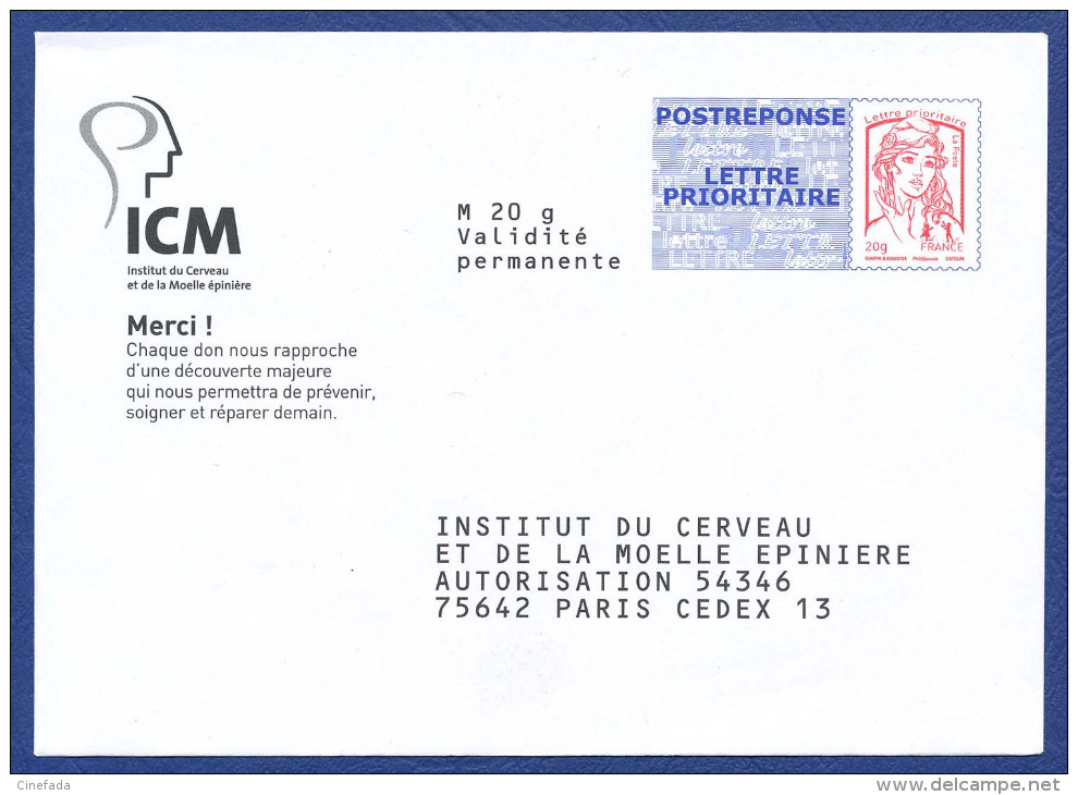 INSTITUT DU CERVEAU Postréponse Neuf. Autorisation 54346. M20g Validité Permanente. Dos 13P255. - Prêts-à-poster:Answer/Ciappa-Kavena