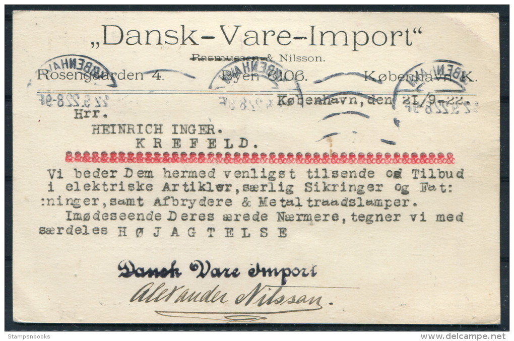 1922 Denmark Dansk-Vare-Import Postcard - Krefeld Germany - Covers & Documents