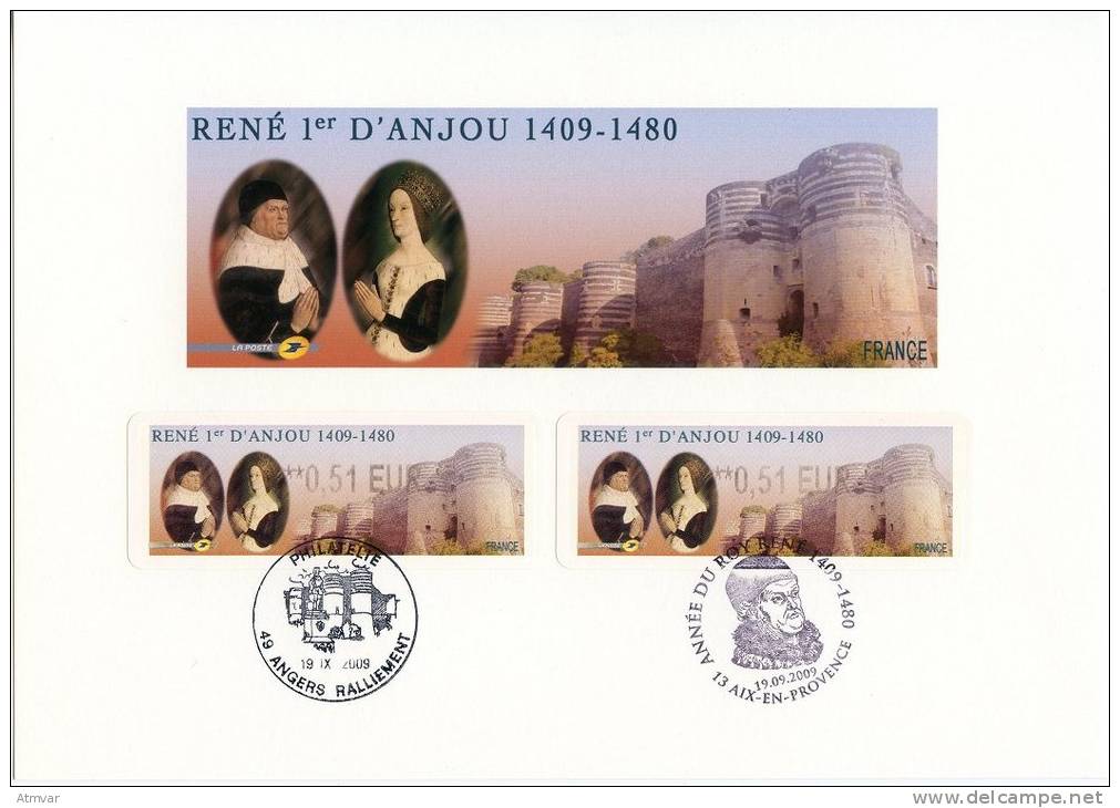 FRANCE (2009) - Feuille - ATM LISA 2009 - René 1er D´Anjou 1409-1480 - Angers + Aix-en-Provence - 1999-2009 Viñetas De Franqueo Illustradas