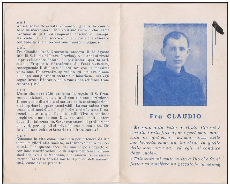 Santino Del Beato Claudio Granzotto (Santa Lucia Di Piave, Treviso 1900 - Chiampo, Vicenza 1947) - Santini