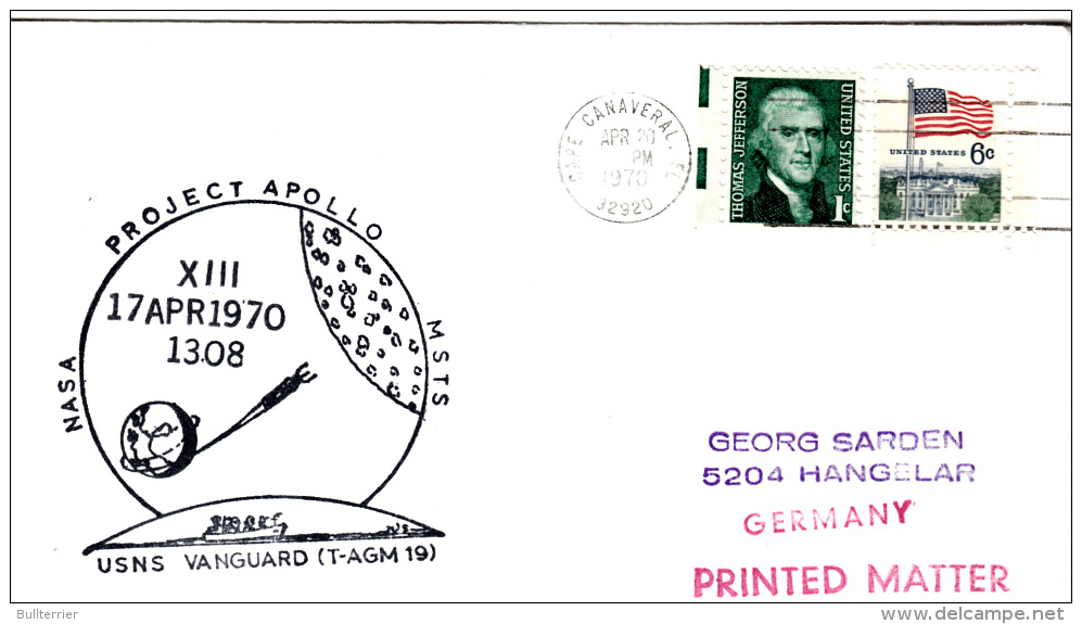 SPACE -  USA- 1970 - APOLLO XIII USNS VANGUARD   COVER WITH  CAPE CANAVERAL   POSTMARK - United States