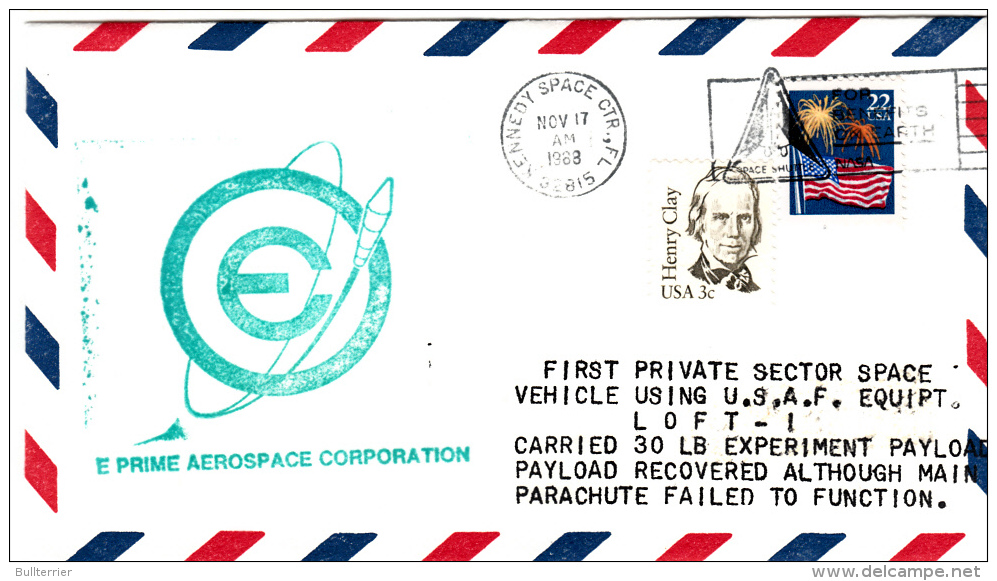 SPACE -  USA- 1988 - E PRIME AREOSPACE FIRST PRIVATE SECTOR SPACE VEHICLE COVER WITH KENNEDY SPACE CENTRE  POSTMARK - United States