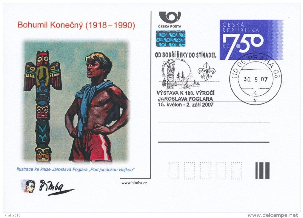 Czech Rep. / Postal Stat. (Pre2007/07cp2) Bohumil Konecny "Bimba" (1918-1990) Czech Painter; Scouting; Jaroslav Foglar - American Indians