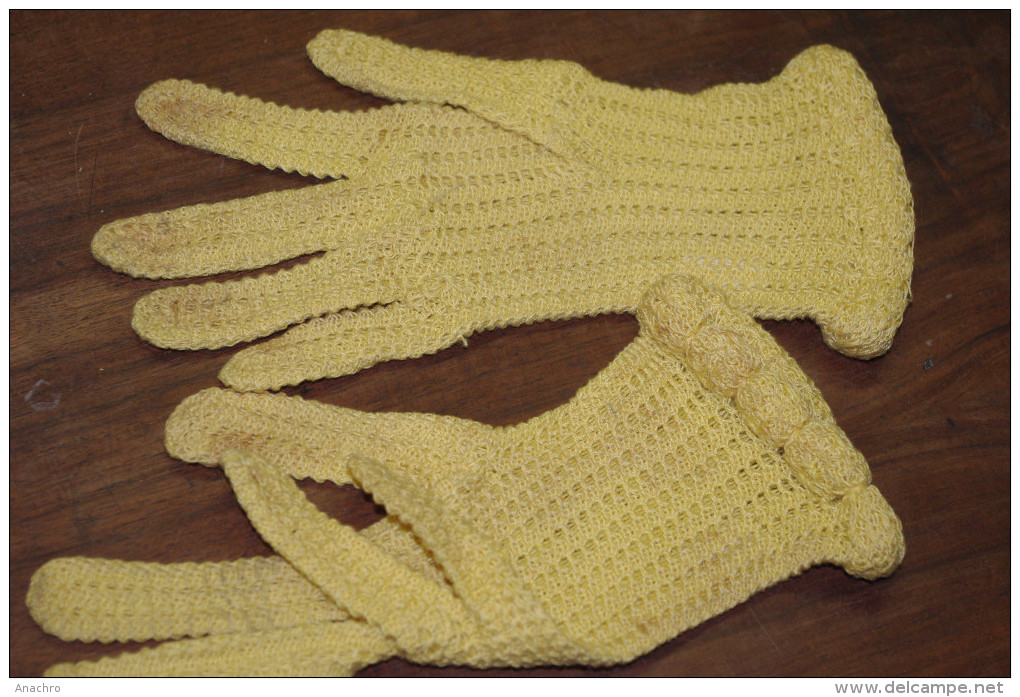 GANTS RETRO VINTAGE FEMME CROCHET JAUNE 23 Cms - 1900-1940