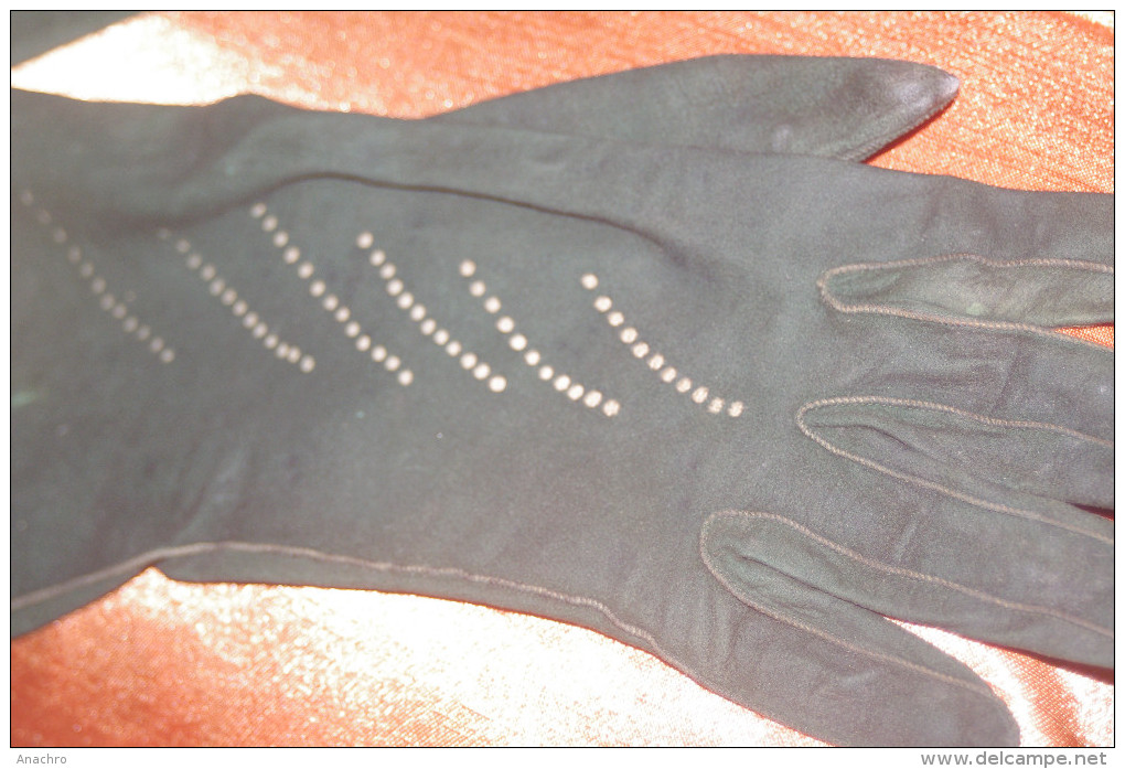 GANTS LONGS CUIR VERT Foncé RETRO  FEMME Ajourés - Avant 1900