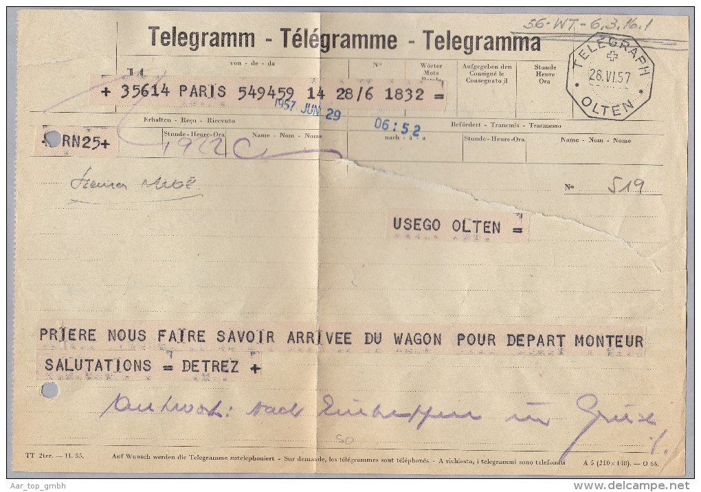 Heimat CH SO OLTEN 1957-06-28 Telegraph Stempel Auf Telegramm - Télégraphe