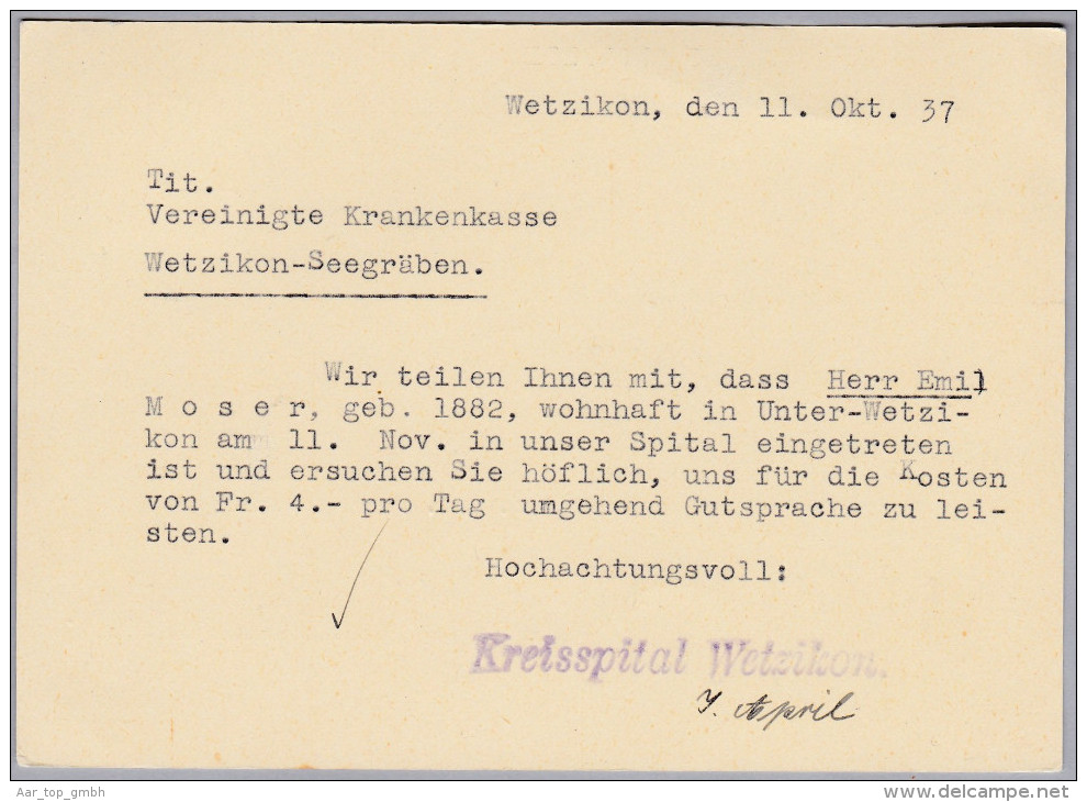 Heimat CH ZH WETZIKON 1937-11-11 Auf Karte Mit Portofreiheit Gr#827 Kreisspital Wetzikon - Vrijstelling Van Portkosten